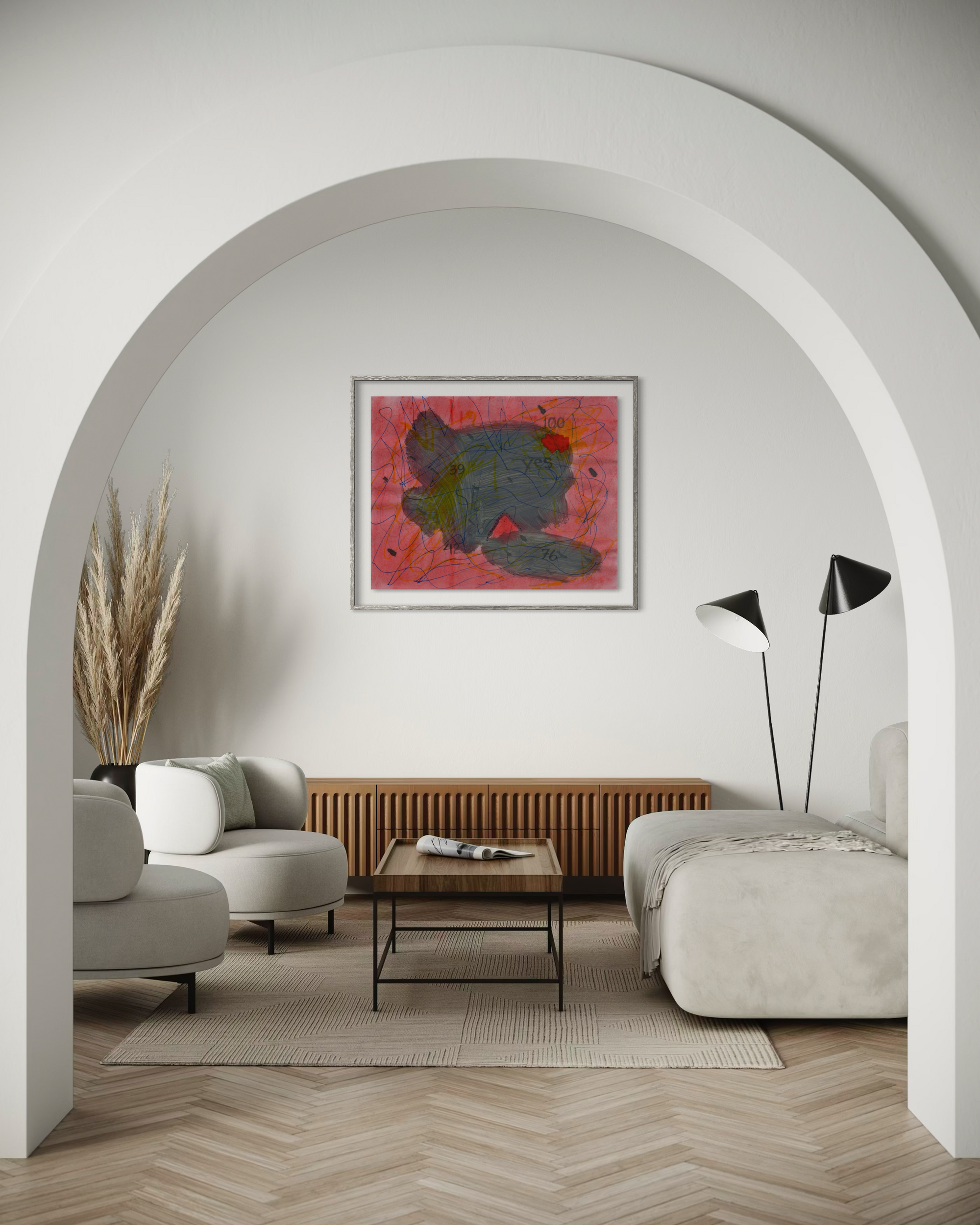 Abstract salmon colored painting in a white living room with sofa, chairs, lamp and other decorative items