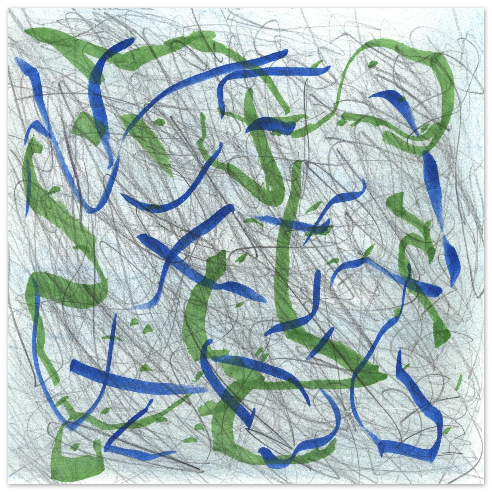 Abstract artwork with blue and green lines on a light gray background